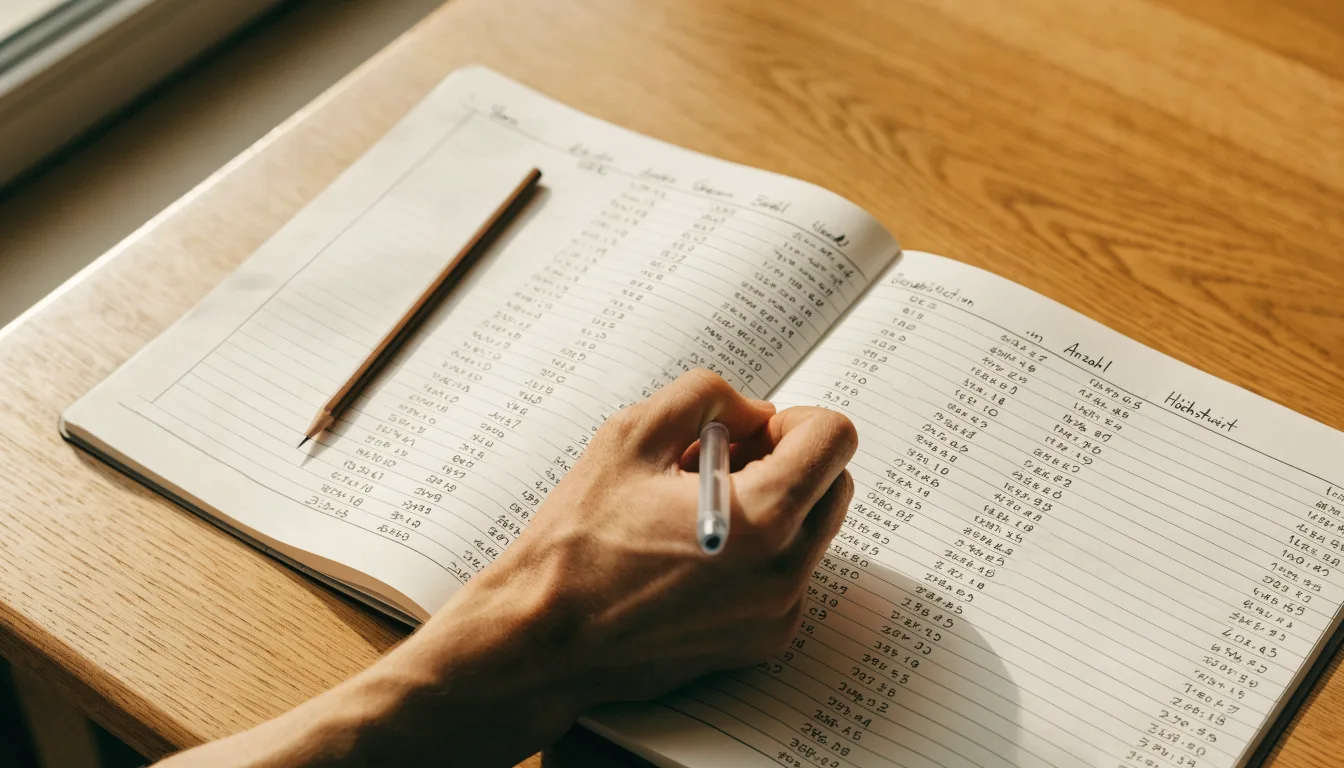 Ein Taschenrechner und ein Bleistift liegen auf einem Schreibtisch neben einem aufgeschlagenen Notizbuch mit handschriftlichen Zahlenreihen.