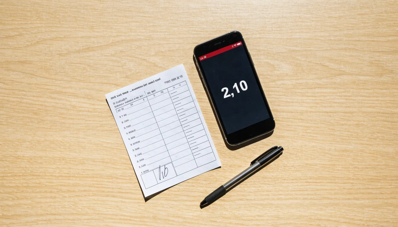 Ein leerer Papier-Wettschein liegt neben einem Smartphone mit dunklem Display auf einer hellen Tischplatte, daneben ein Kugelschreiber.