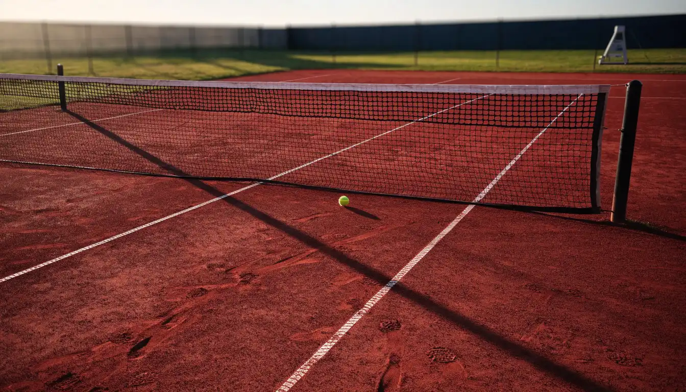 Ein Tennisplatz bei Sonnenaufgang, Netz und Grundlinien im weichen Licht, niemand ist zu sehen.