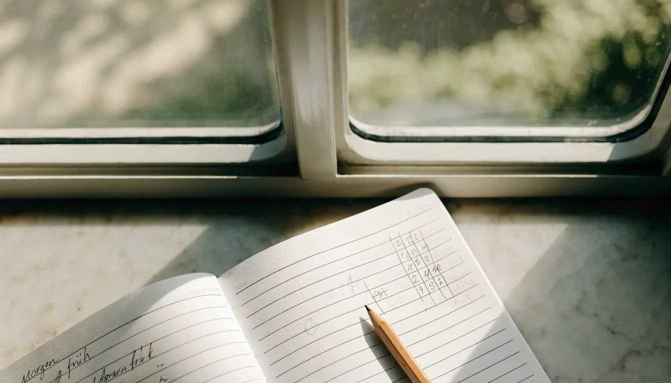 Ein aufgeschlagenes Notizbuch mit handschriftlichen Skizzen und ein Bleistift liegen auf einer Fensterbank im Tageslicht.