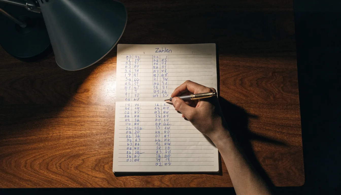 Ein Taschenrechner und ein Notizbuch mit handschriftlichen Zahlenreihen liegen auf einem Schreibtisch unter einer Lampe.