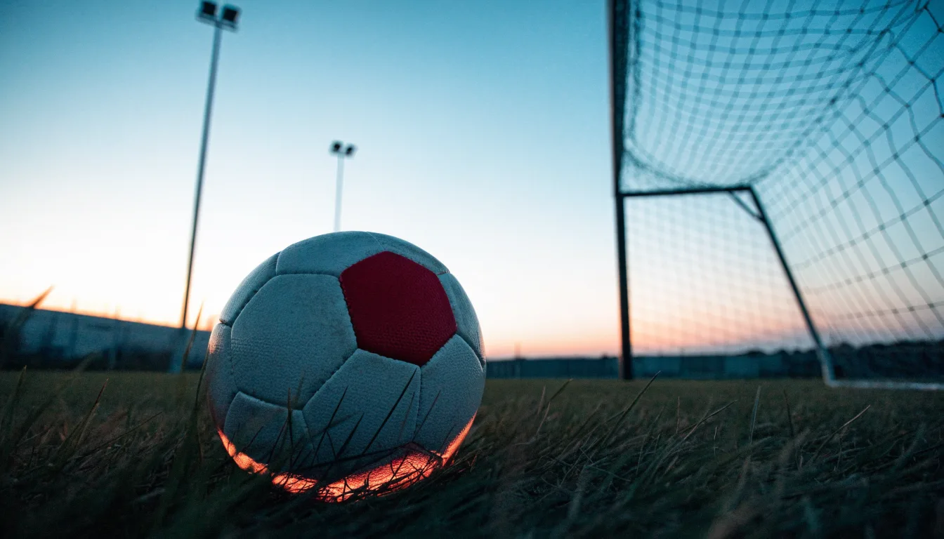 Ein Fußball liegt im Gras eines leeren Platzes, im Hintergrund stehen Flutlichtmasten in der Dämmerung.