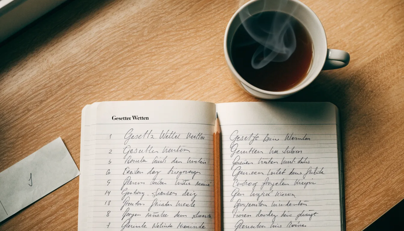Ein aufgeschlagenes Notizbuch mit handschriftlichen Skizzen und ein Bleistift liegen auf einem Schreibtisch neben einer Tasse Tee.