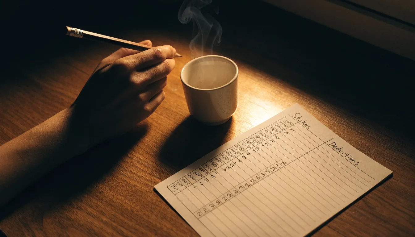 Ein Taschenrechner und ein Bleistift liegen auf einem Schreibtisch neben einer Tasse Kaffee im Licht einer Lampe.