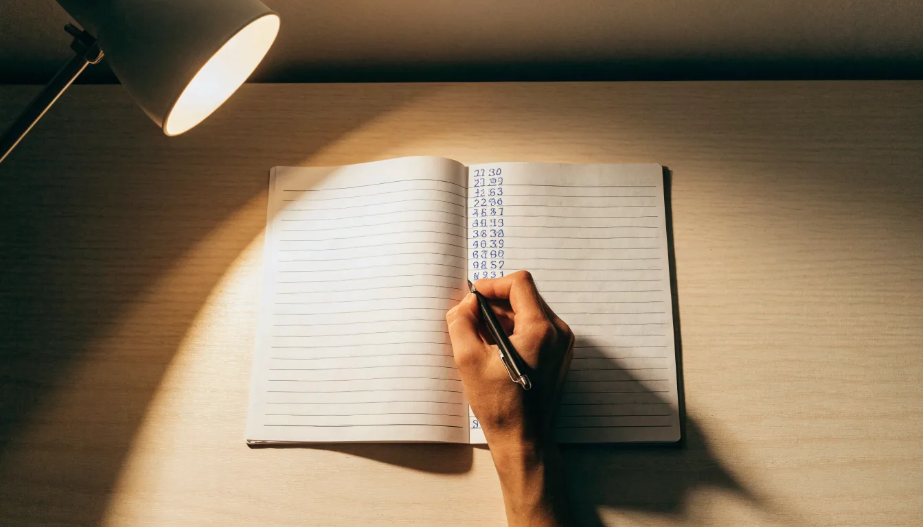 Ein Taschenrechner und ein aufgeschlagenes Notizbuch mit handschriftlichen Zahlenreihen liegen unter einer Schreibtischlampe.