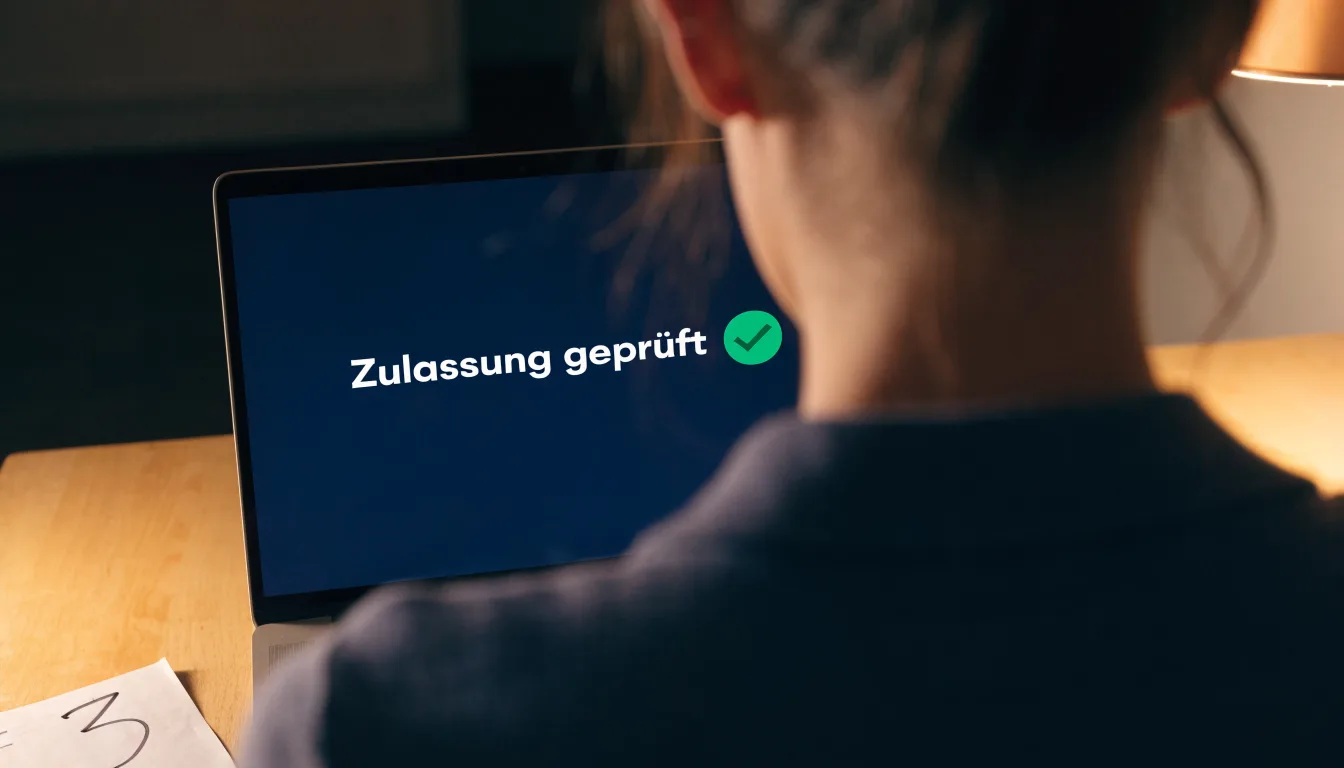 Ein hölzerner Richterhammer liegt auf einem dunklen Pult neben einem Messinggewicht, im Hintergrund ein unscharfes Bücherregal.