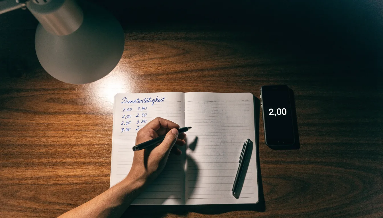 Ein Taschenrechner und ein aufgeschlagenes Notizbuch mit handschriftlichen Zahlenreihen liegen unter einer Schreibtischlampe.