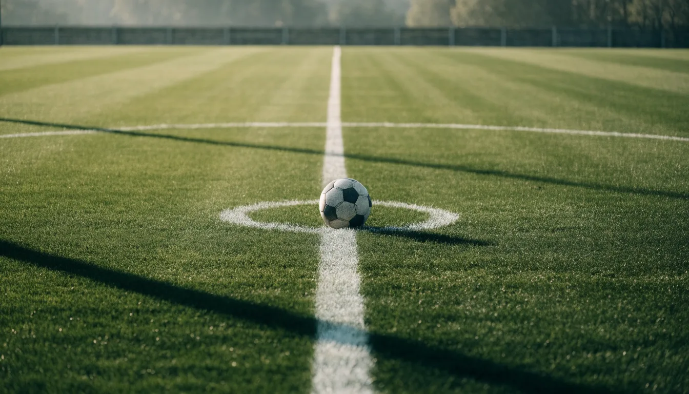 Ein Fußball liegt allein auf dem Anstoßpunkt eines leeren Rasenplatzes im Morgenlicht, am Rand ein niedriger Zaun.