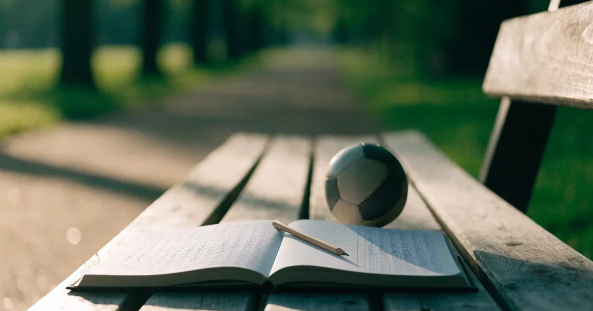 Ein Notizbuch mit handschriftlichen Zahlenkolonnen und ein Bleistift liegen neben einem Fußball auf einer Holzbank.