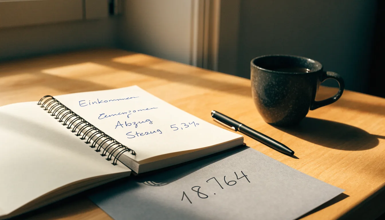 Ein Notizbuch mit handschriftlichen Rechnungen und ein Taschenrechner liegen auf einem hellen Schreibtisch neben einer Kaffeetasse.