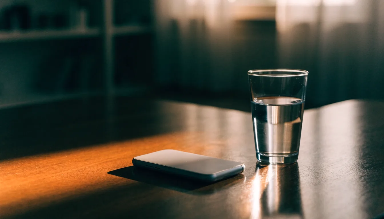 Ein Smartphone liegt mit dem Display nach unten auf einem Holztisch neben einem Glas Wasser, Abendlicht fällt durch ein Fenster.
