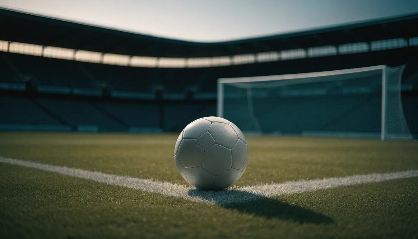 Ein Fußball liegt auf dem Anstoßpunkt eines leeren Rasenplatzes, dahinter ragen dunkle Ränge in den Abendhimmel.