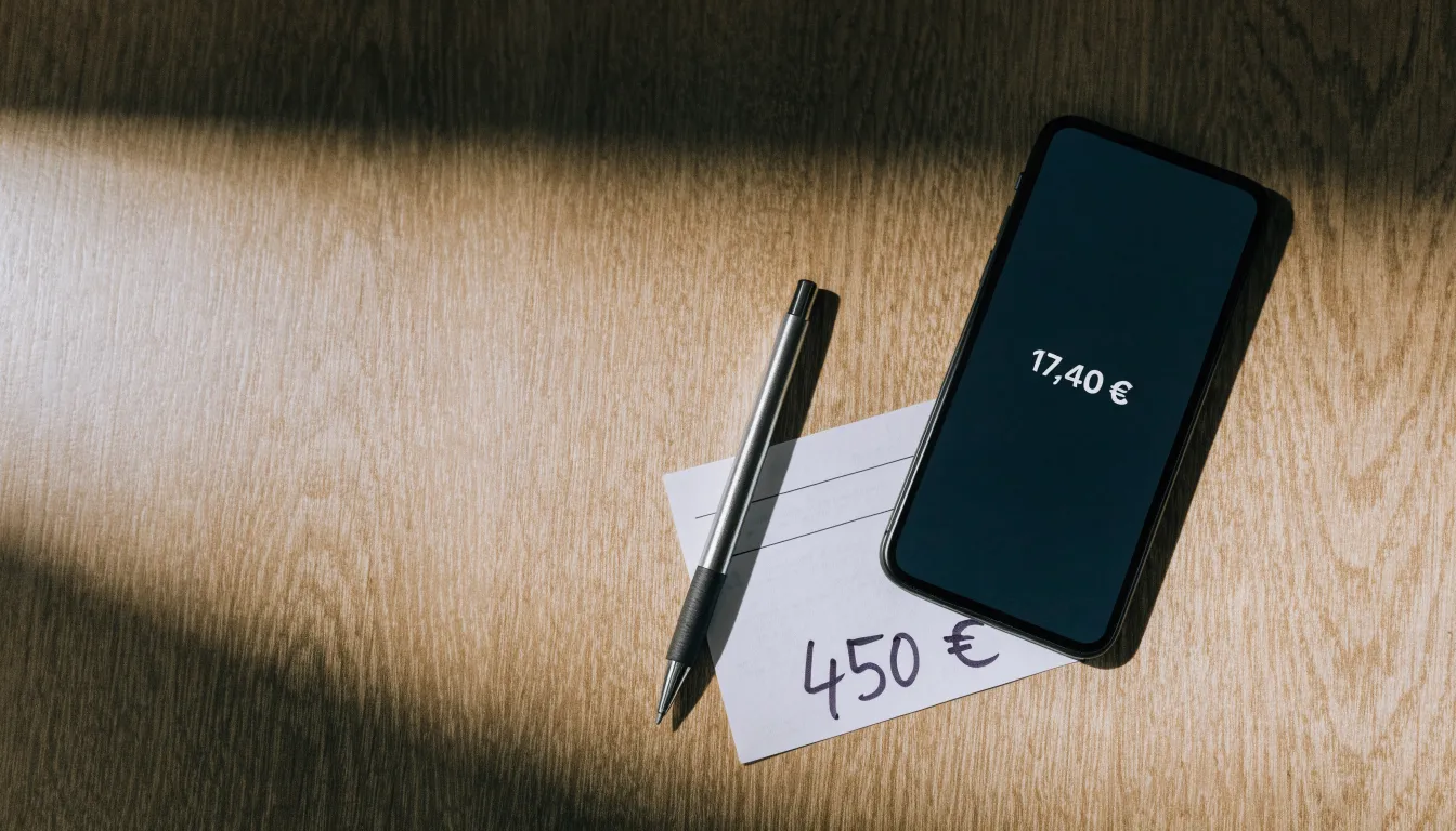 Ein Smartphone mit dunklem Display liegt neben einem leeren Papier-Wettschein und einem Stift auf einem Holztisch.