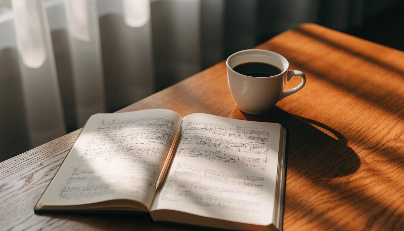 Ein Notizbuch mit handschriftlichen Notizen und einem Bleistift liegt auf einem Tisch, daneben steht eine Kaffeetasse im Morgenlicht.