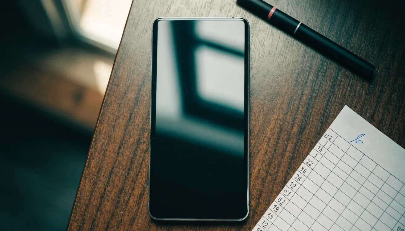 Ein Smartphone liegt mit dunklem Display auf einem Holztisch neben einem leeren Papier-Wettschein, Licht fällt von einem Fenster.