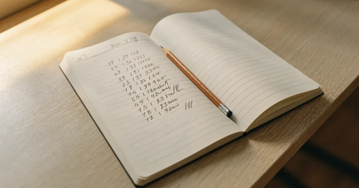 Ein Notizbuch mit handschriftlichen Notizen und einem Bleistift liegt neben einem Taschenrechner auf einem aufgeräumten Schreibtisch.