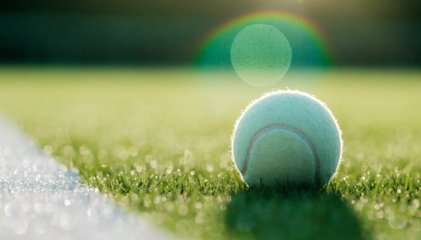 Ein Tennisball liegt auf frisch gemähtem Gras neben einer weißen Linie, Tautropfen glänzen im Gegenlicht.