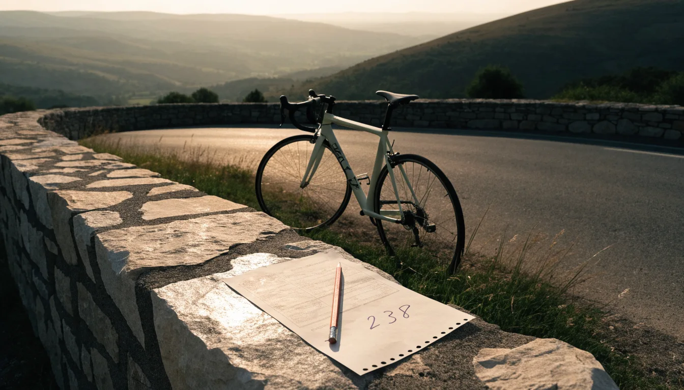Ein Rennrad lehnt an einer Steinmauer in einer Bergkurve, im Hintergrund eine weite Hügellandschaft im Gegenlicht.