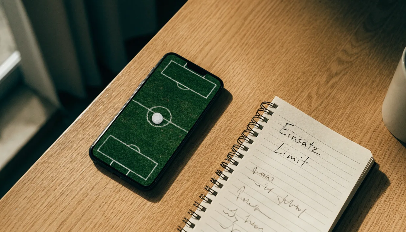 Ein Smartphone liegt auf einem Tisch neben einem Notizbuch mit handschriftlichen Notizen und einer Tasse Kaffee.
