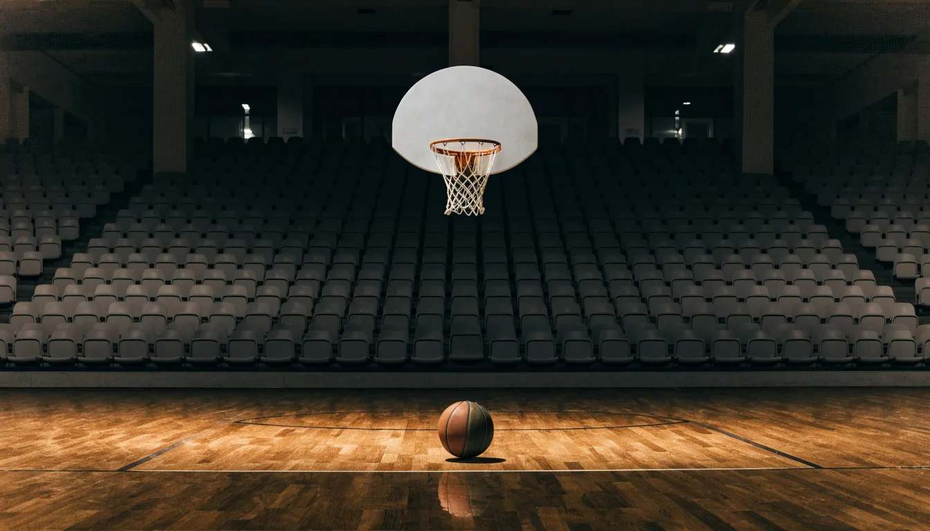 Ein Basketballkorb in einer leeren Halle, der Ball liegt unter dem Brett auf dem Parkett.