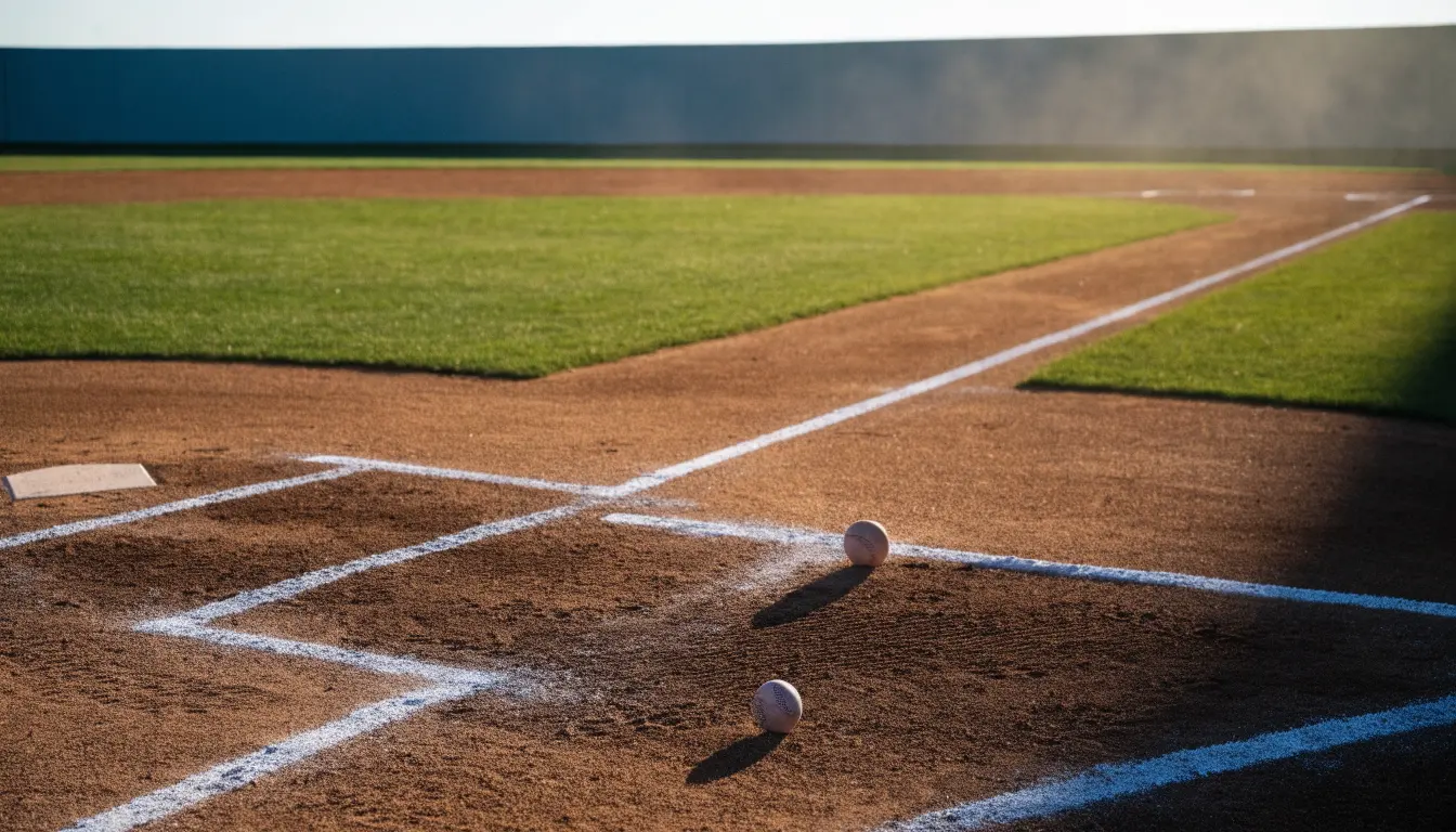 Ein Baseballfeld mit leerem Infield im Morgenlicht, die Linien frisch gezogen, keine Spieler im Bild.