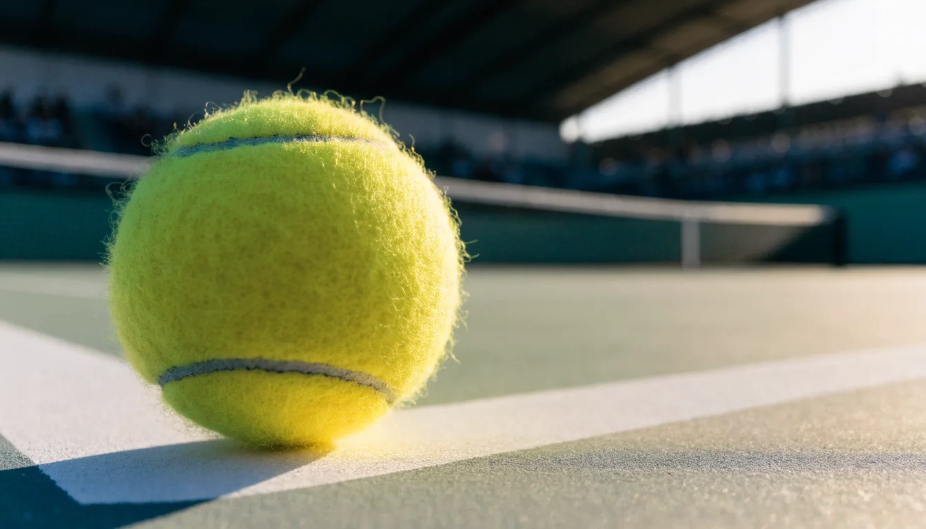 Ein Tennisball liegt in Nahaufnahme auf einer Grundlinie, dahinter verschwimmt ein leerer Platz in warmem Licht.