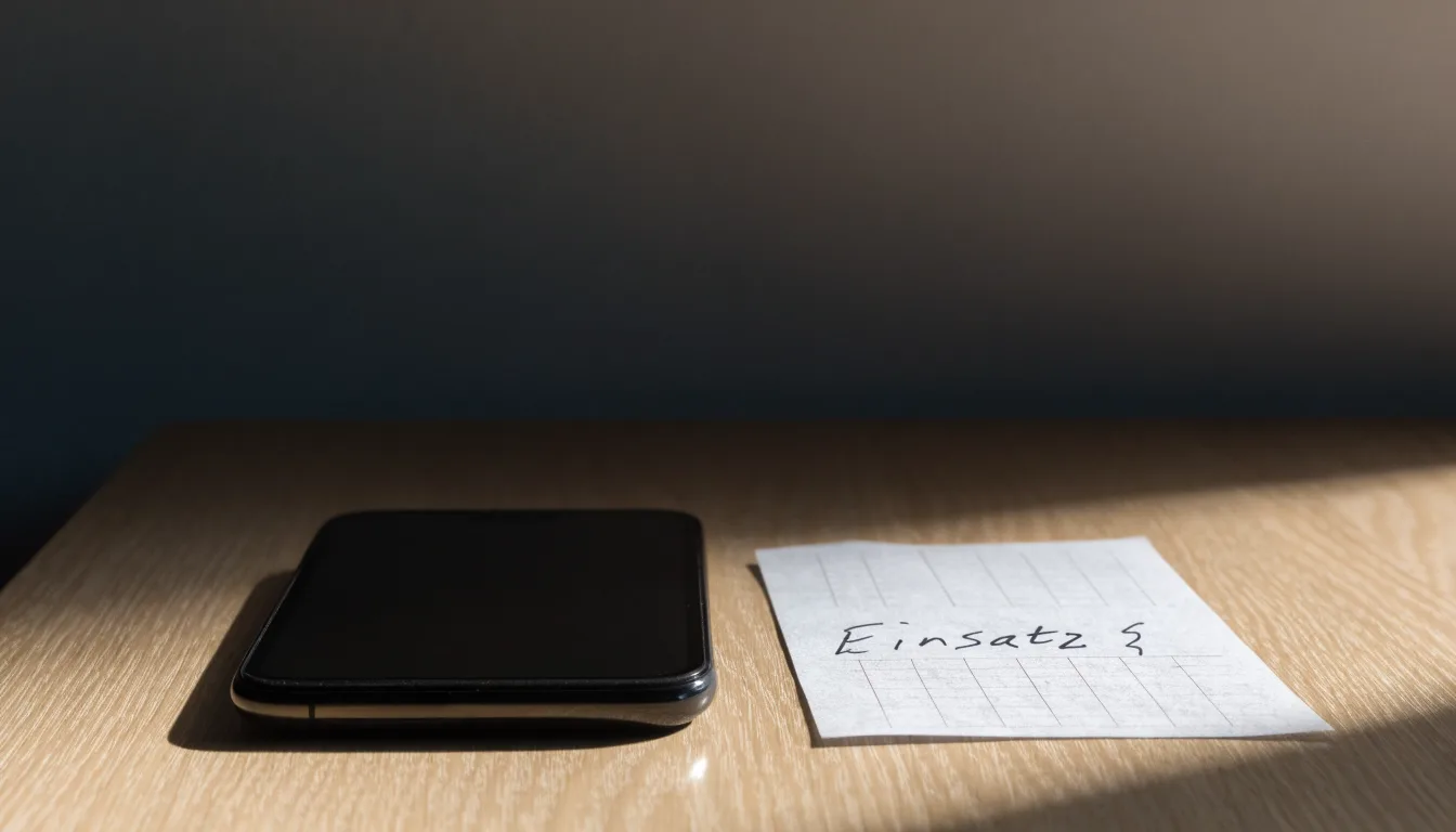 Ein Smartphone mit dunklem Display liegt neben einem leeren Papier-Wettschein auf einem Tisch, Licht fällt von der Seite.