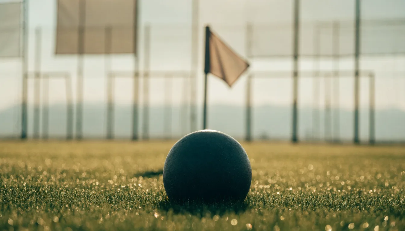 Ein Fußball liegt auf Rasen neben einer Eckfahne ohne Aufdruck auf einem leeren Platz im Morgenlicht.