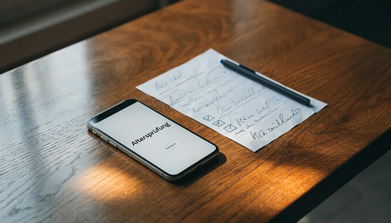 Ein Smartphone liegt mit dunklem Display neben einem leeren Papier-Wettschein und einem Stift auf einem Holztisch.