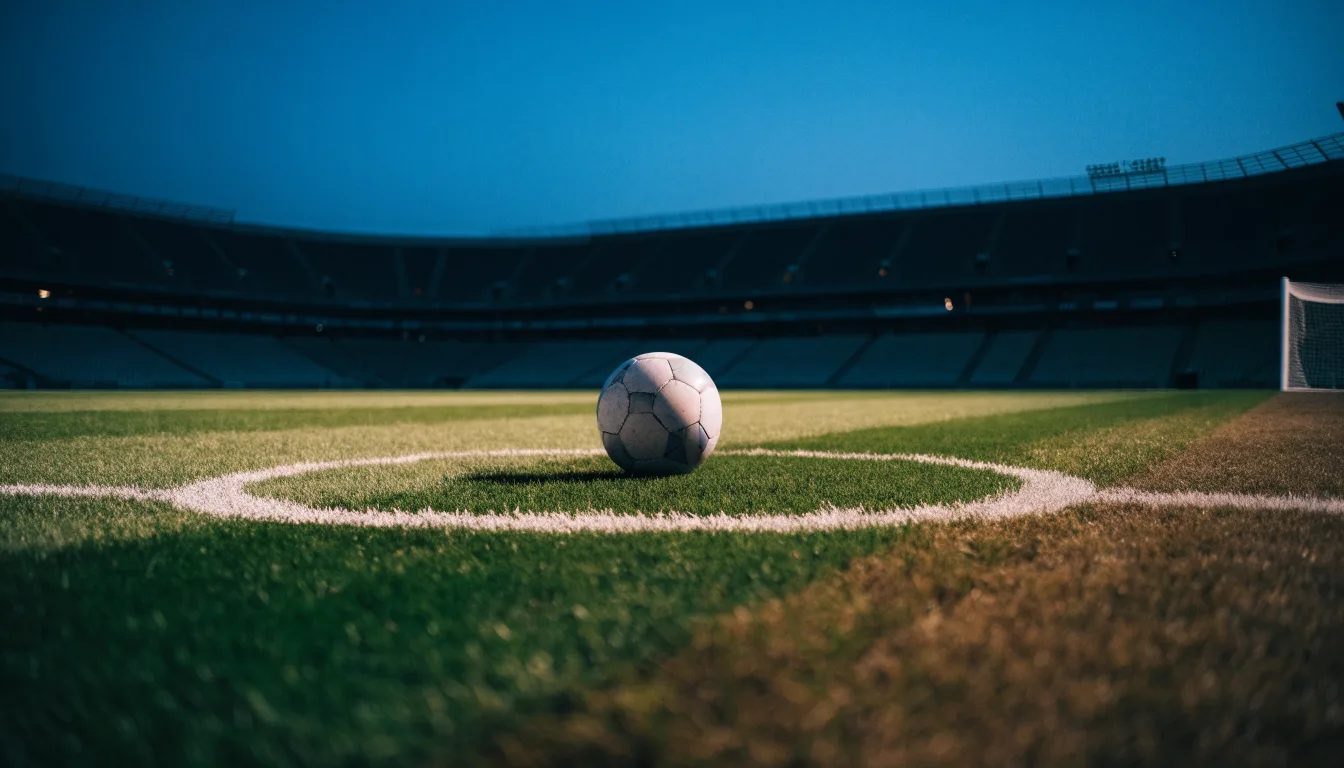 Ein Fußball liegt auf dem Anstoßpunkt eines Rasenplatzes, dahinter eine leere Tribüne im Abendlicht.