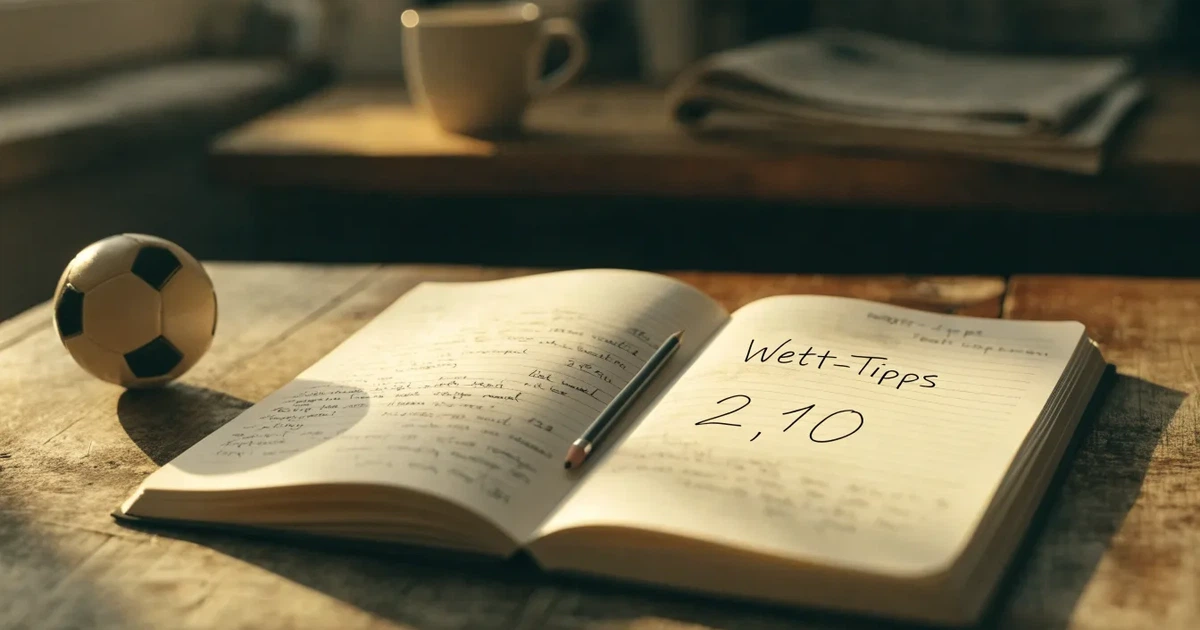 Ein Notizbuch mit handschriftlichen Notizen und einem Bleistift liegt auf einem Holztisch, daneben ein kleiner Fußball im Tageslicht.