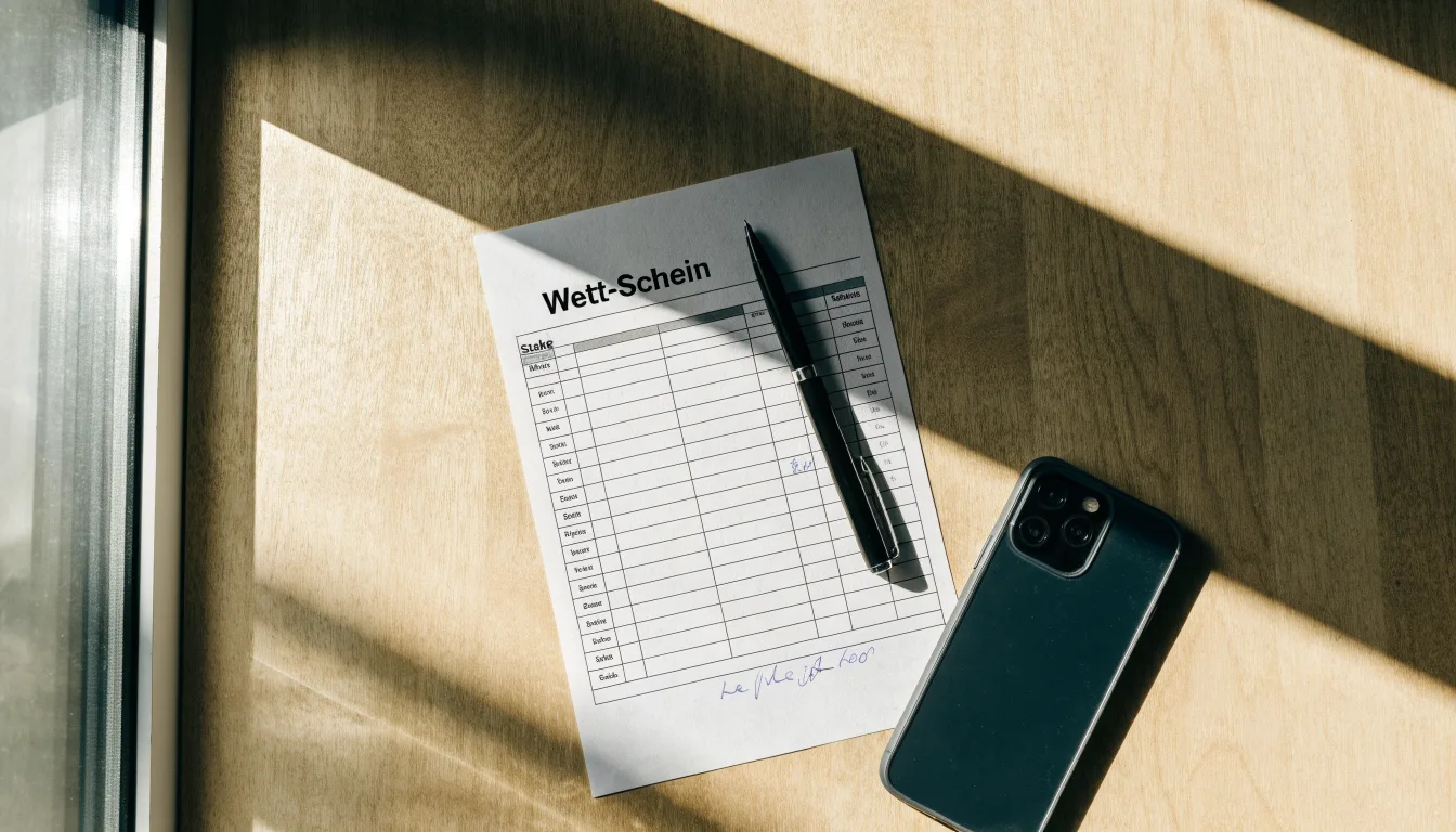 Ein leerer Papier-Wettschein und ein Kugelschreiber liegen neben einem Smartphone mit dunklem Display auf einem Schreibtisch am Fenster.