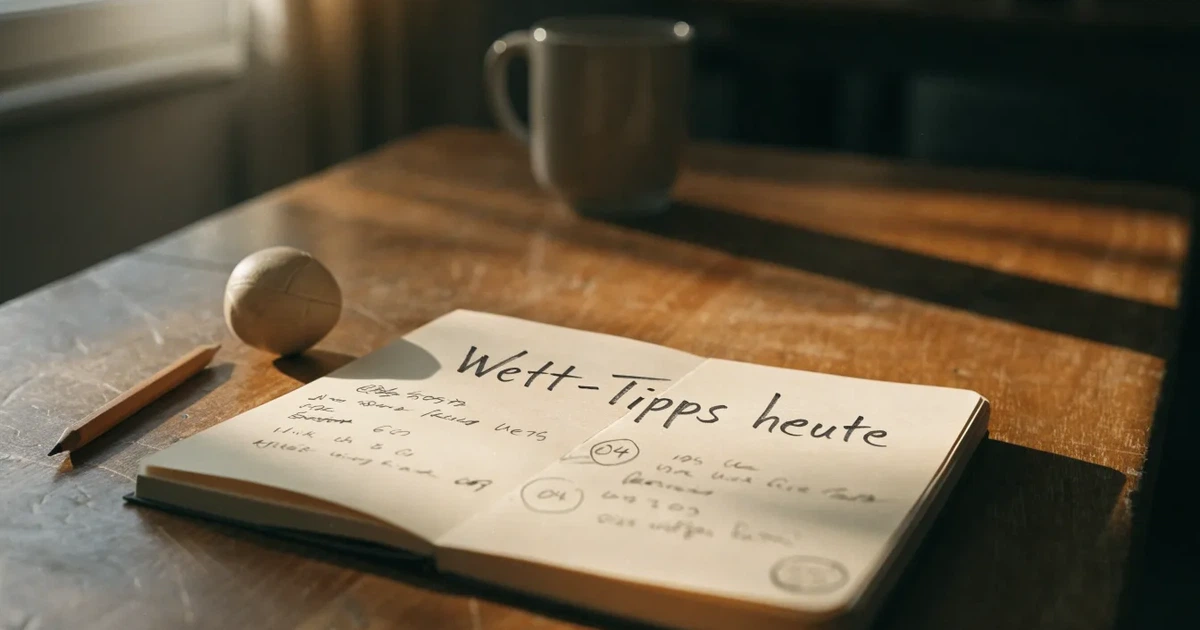 Ein Notizbuch mit handschriftlichen Notizen und einem Bleistift liegt auf einem Holztisch, daneben ein kleiner Fußball im Tageslicht.