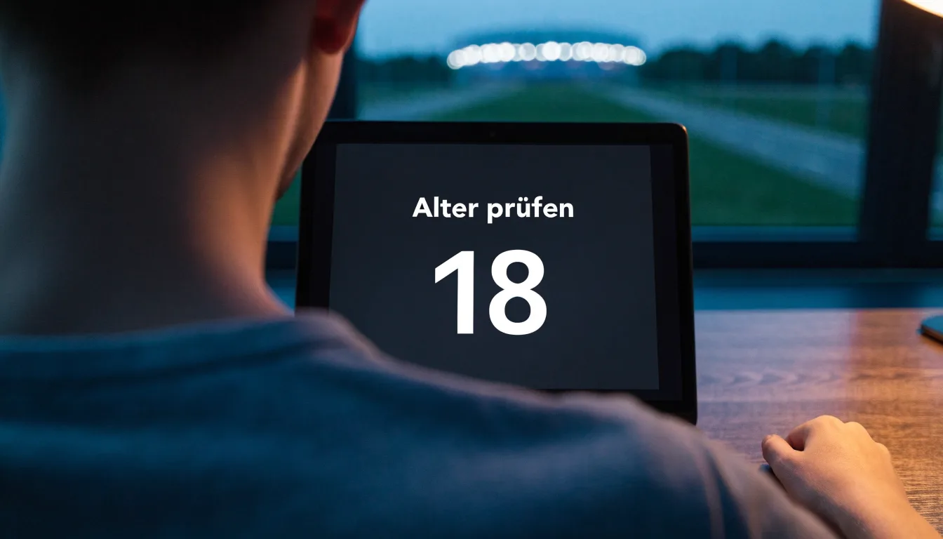 Ein Stadion unter Flutlicht aus großer Entfernung, davor eine leere Straße in der Abenddämmerung.