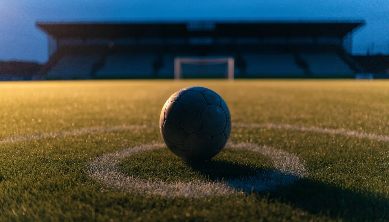 Ein Fußball liegt auf dem Anstoßpunkt eines Rasenplatzes, dahinter eine leere Tribüne im Abendlicht.