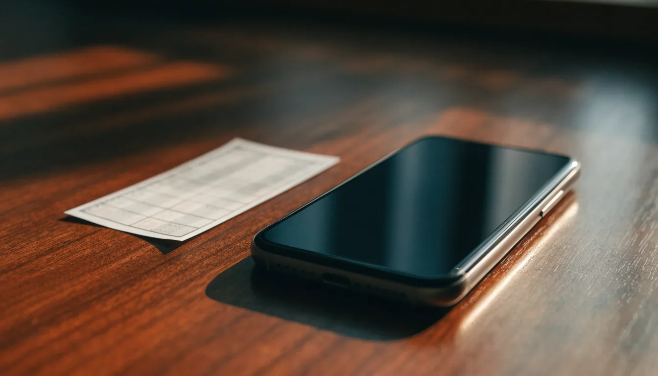 Ein Smartphone mit dunklem Display liegt neben einem leeren Papier-Wettschein auf einem Holztisch, Licht fällt von der Seite.