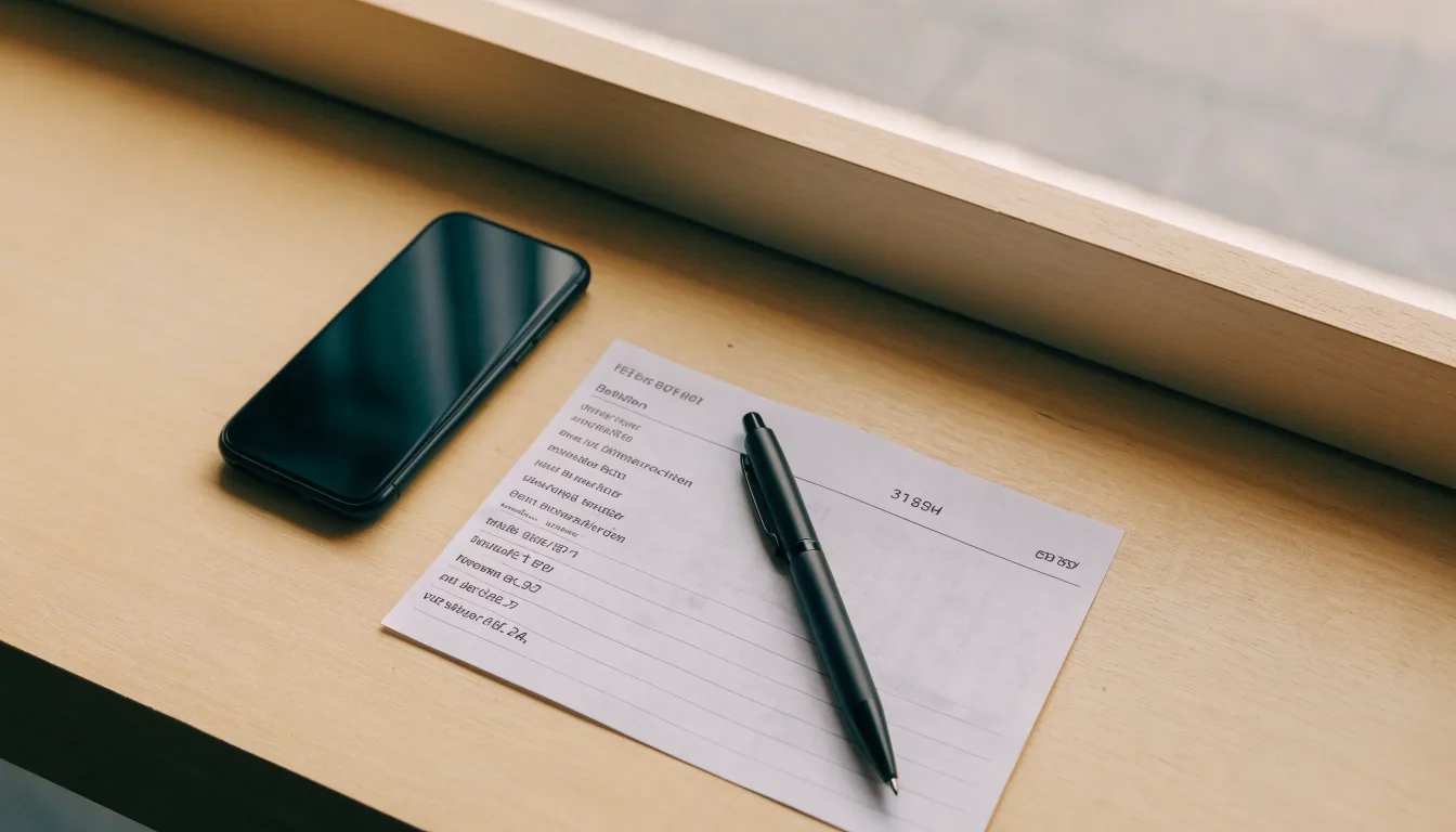 Ein leerer Papier-Wettschein und ein Kugelschreiber liegen neben einem Smartphone mit dunklem Display auf einem Schreibtisch am Fenster.