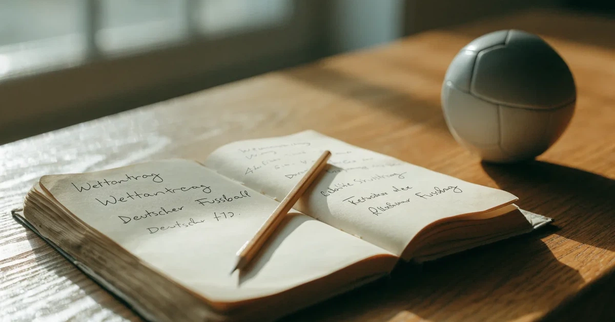 Ein Notizbuch mit handschriftlichen Notizen und einem Bleistift liegt auf einem Holztisch, daneben ein kleiner Fußball im Tageslicht.