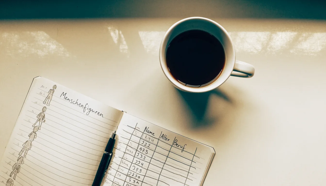 Ein Notizbuch mit handschriftlichen Notizen und ein Taschenrechner stehen auf einem Schreibtisch, daneben eine Tasse.