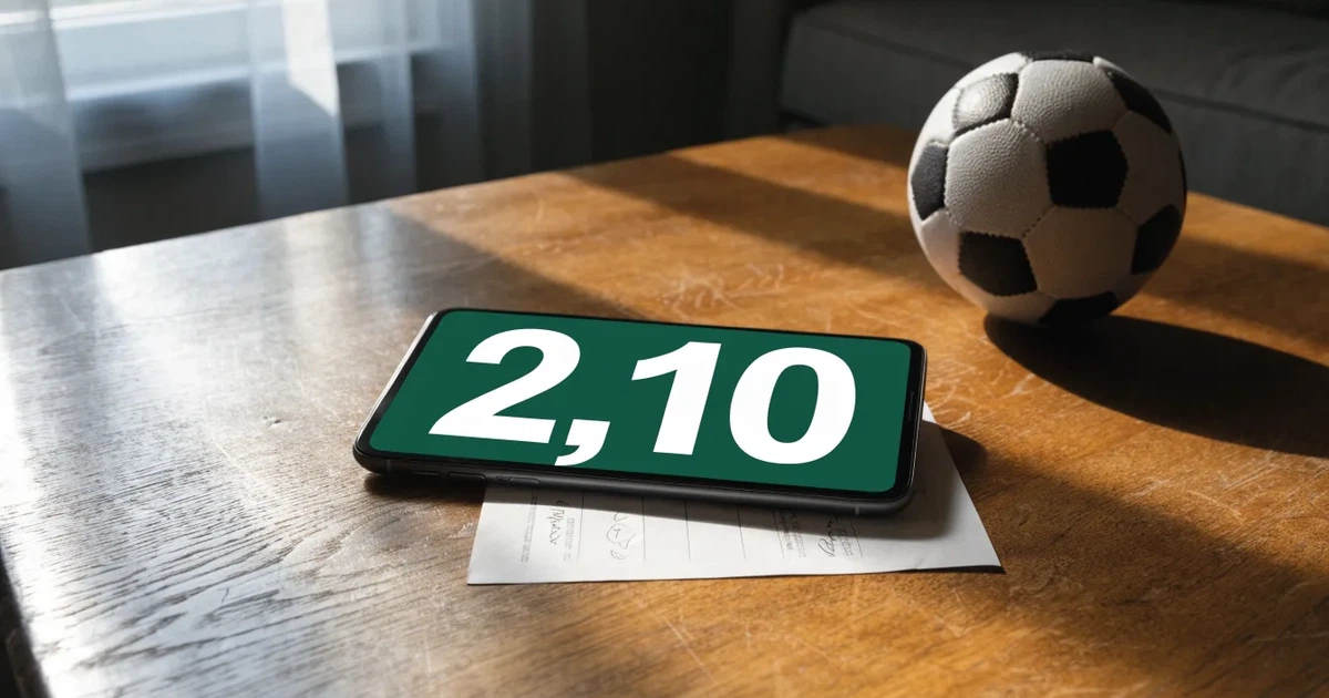 Ein kleines Geschenkband liegt neben einem Fußball und einem leeren Papier-Wettschein auf einem Holztisch im Tageslicht.