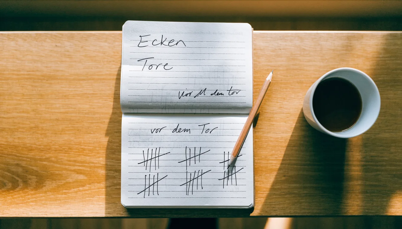 Ein Notizbuch mit handgeschriebenen Strichlisten liegt neben einem Bleistift und einer Kaffeetasse auf einem Holztisch.