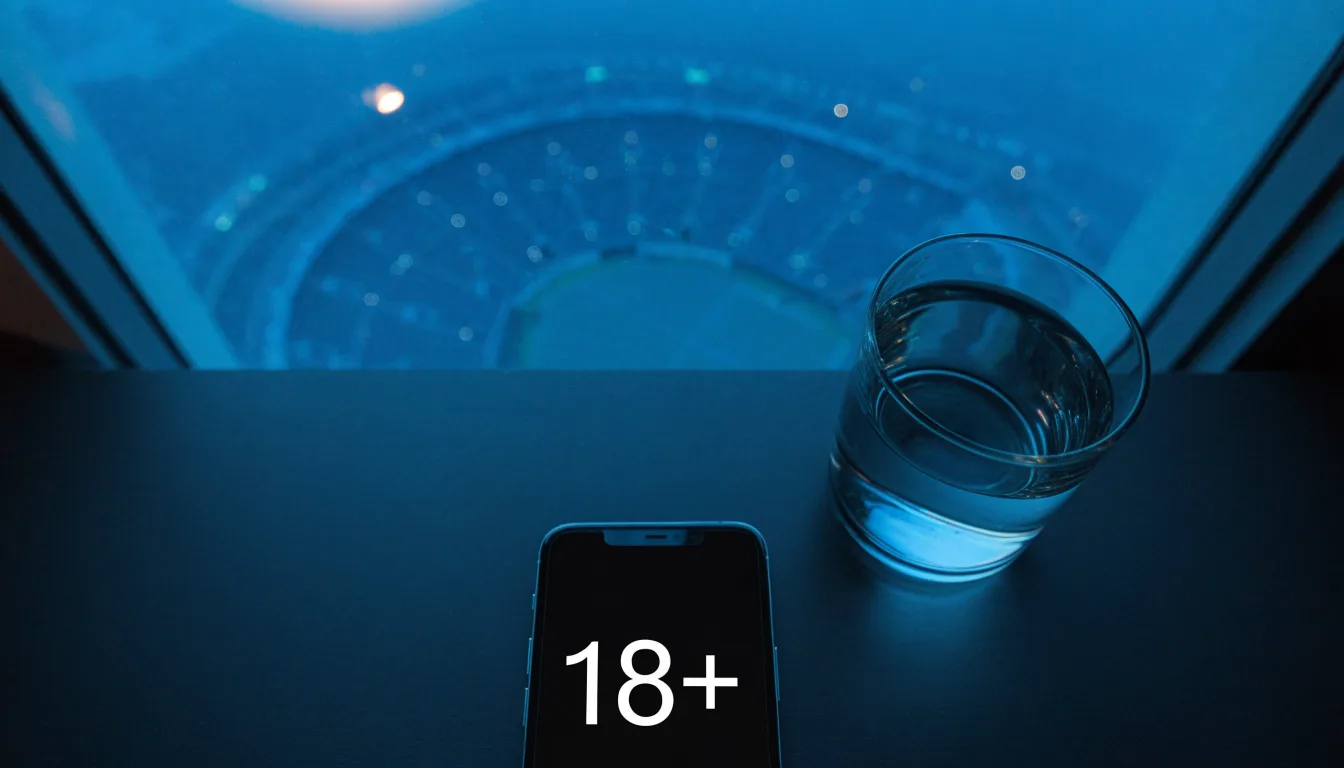 Ein Smartphone mit dunklem Display liegt auf einem Schreibtisch neben einem Glas Wasser, im Fenster dahinter ein Stadion im Dämmerlicht.