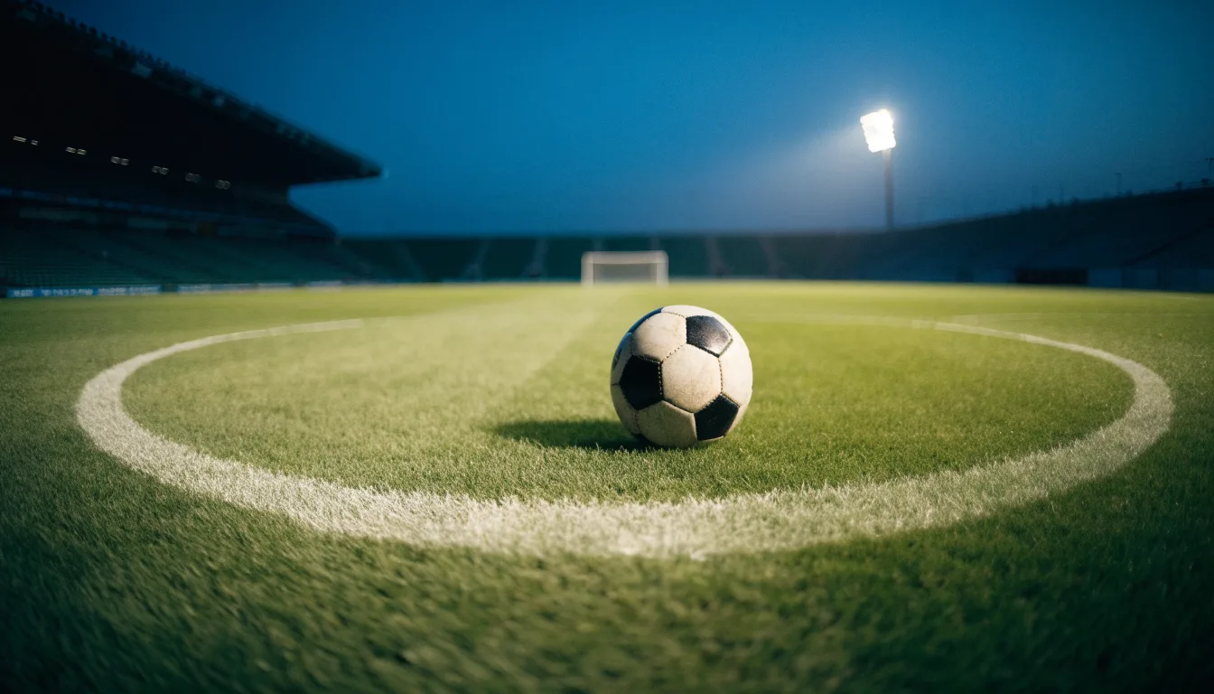 Ein Fußball liegt auf dem Mittelkreis eines leeren Rasenplatzes unter Flutlicht am frühen Abend, die Tribünen sind nur schemenhaft zu erkennen.