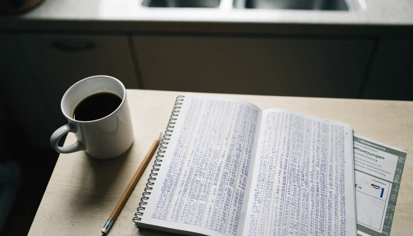 Ein Notizbuch mit handschriftlichen Zahlenreihen und ein Bleistift liegen auf einem Küchentisch neben einer Tasse.