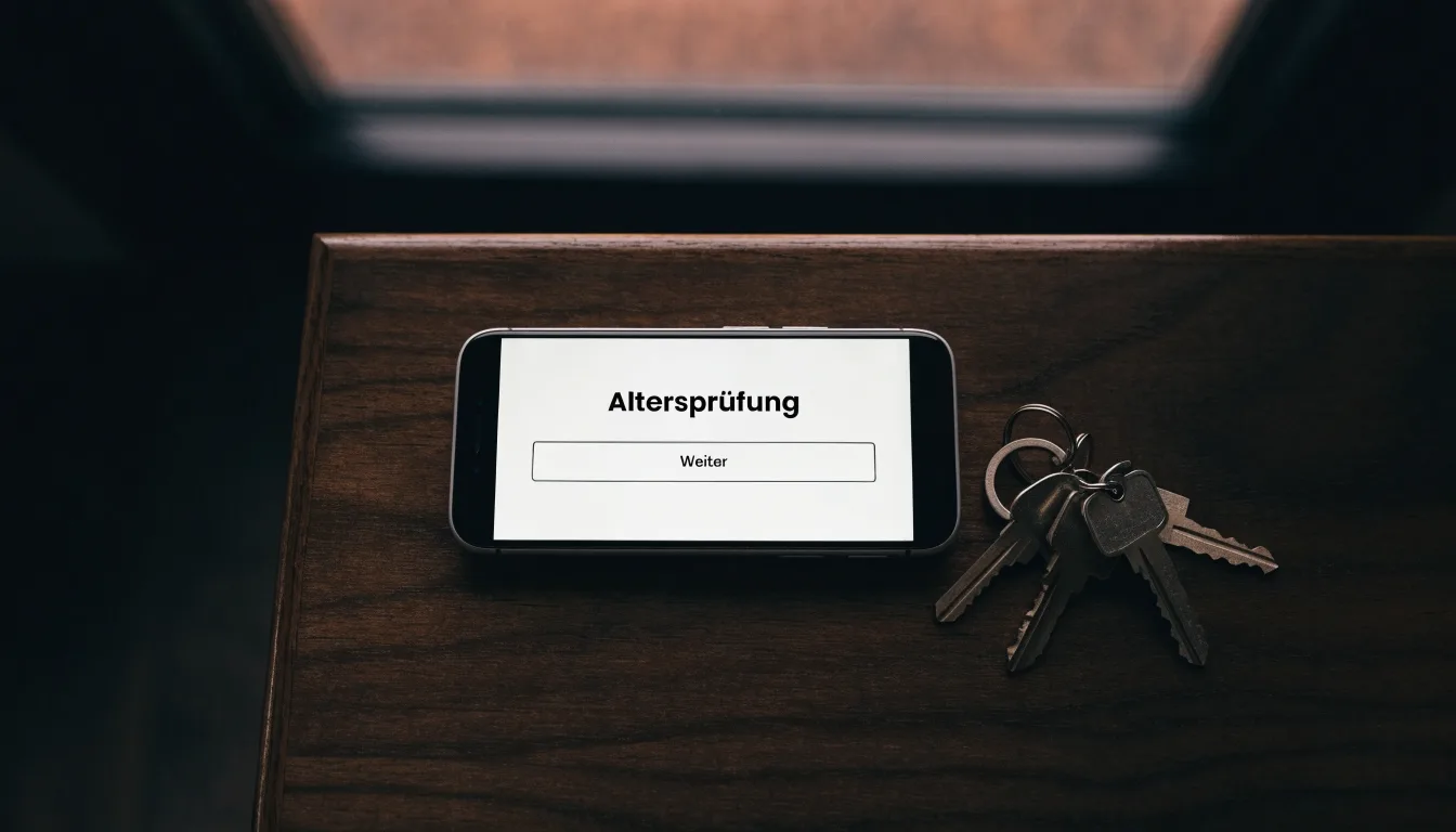 Ein Smartphone mit dunklem Display liegt auf einem Holztisch, daneben ein Schlüsselbund, im Hintergrund ein Fenster mit Abendlicht.