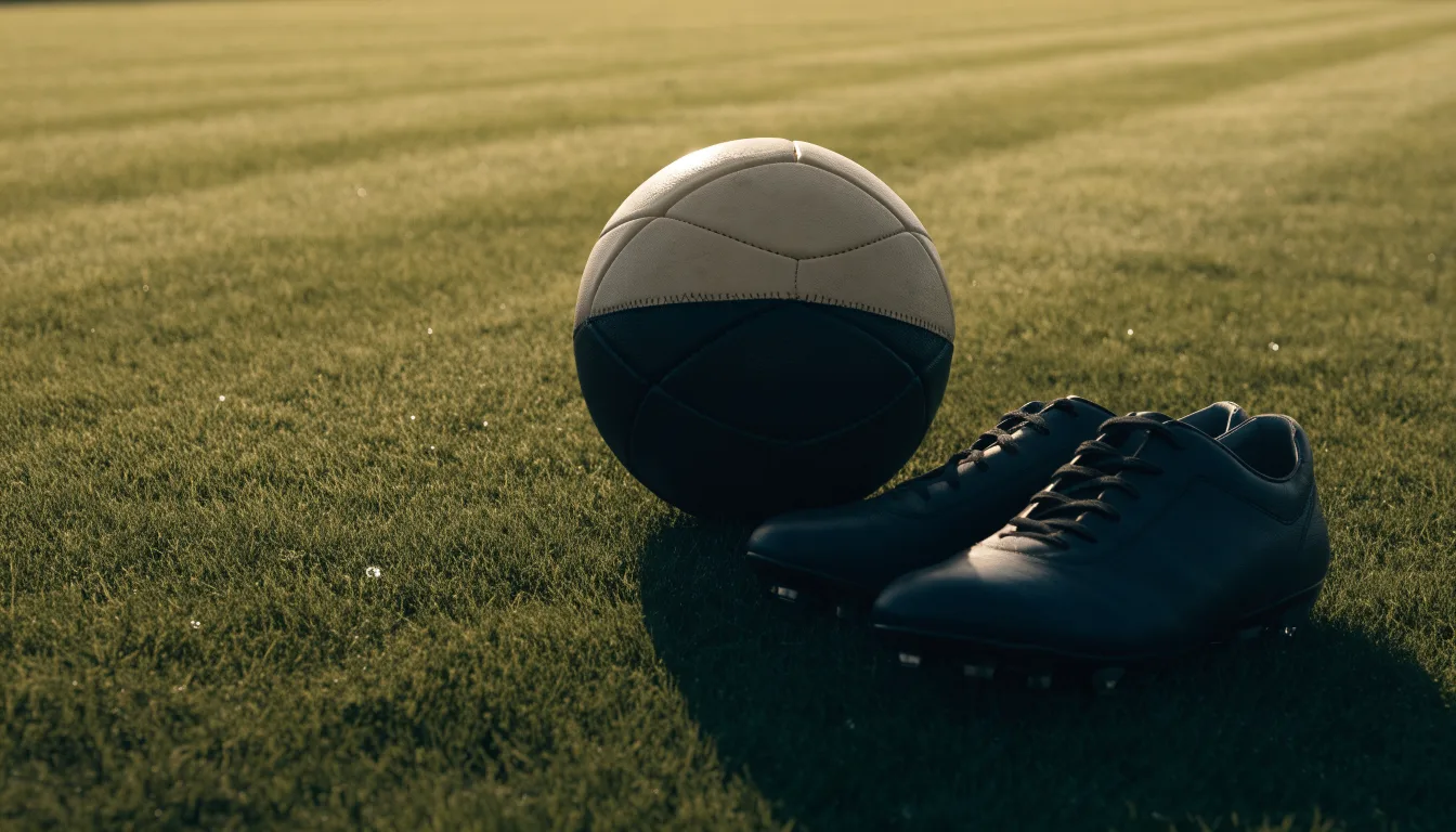 Ein Fußball auf frisch gemähtem Rasen im Morgenlicht, daneben ein Paar Fußballschuhe ohne erkennbare Marke.