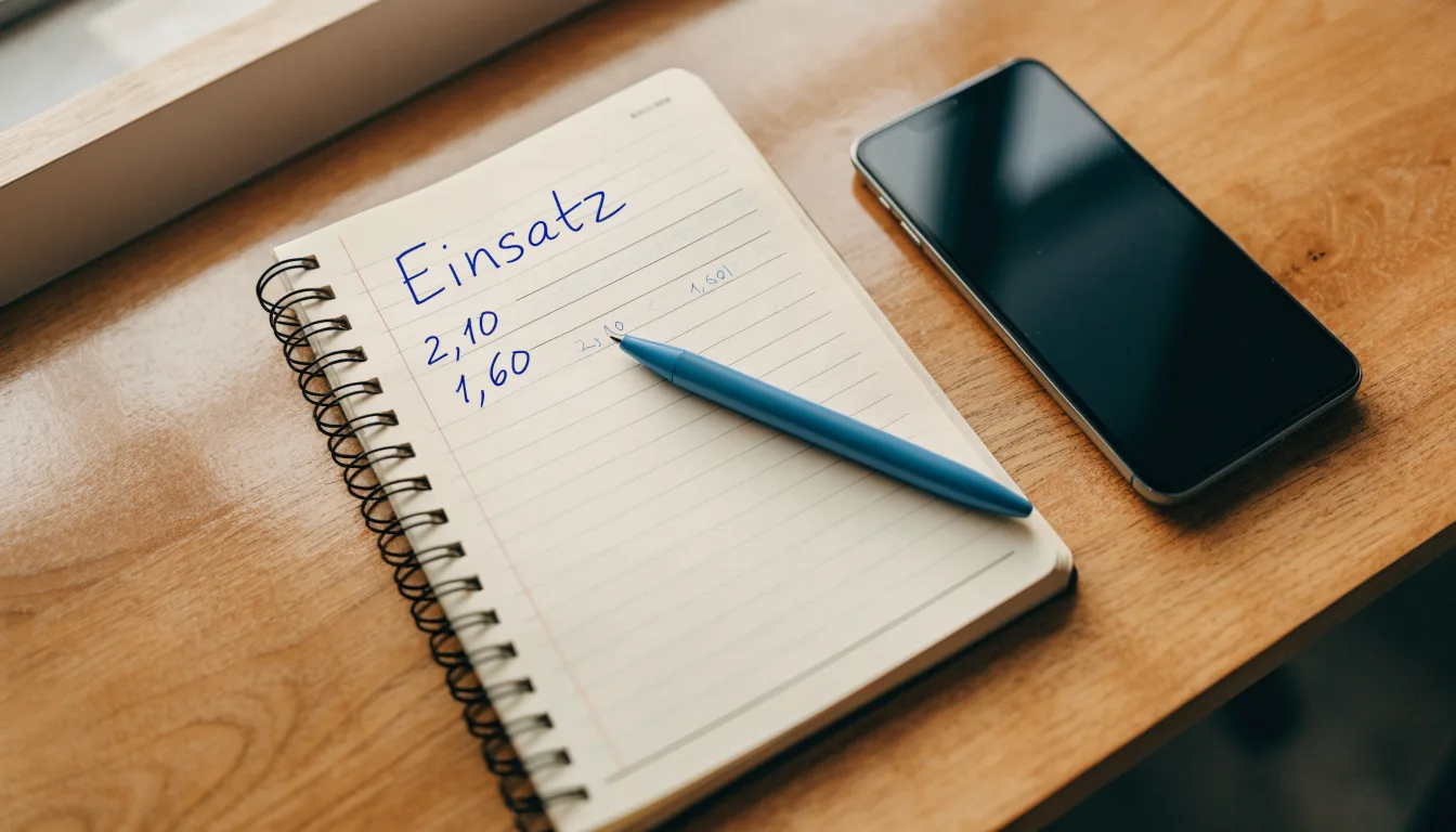 Ein Notizbuch mit handgeschriebenen Zahlen und ein Kugelschreiber liegen auf einem Tisch, daneben ein Smartphone mit schwarzem Bildschirm.