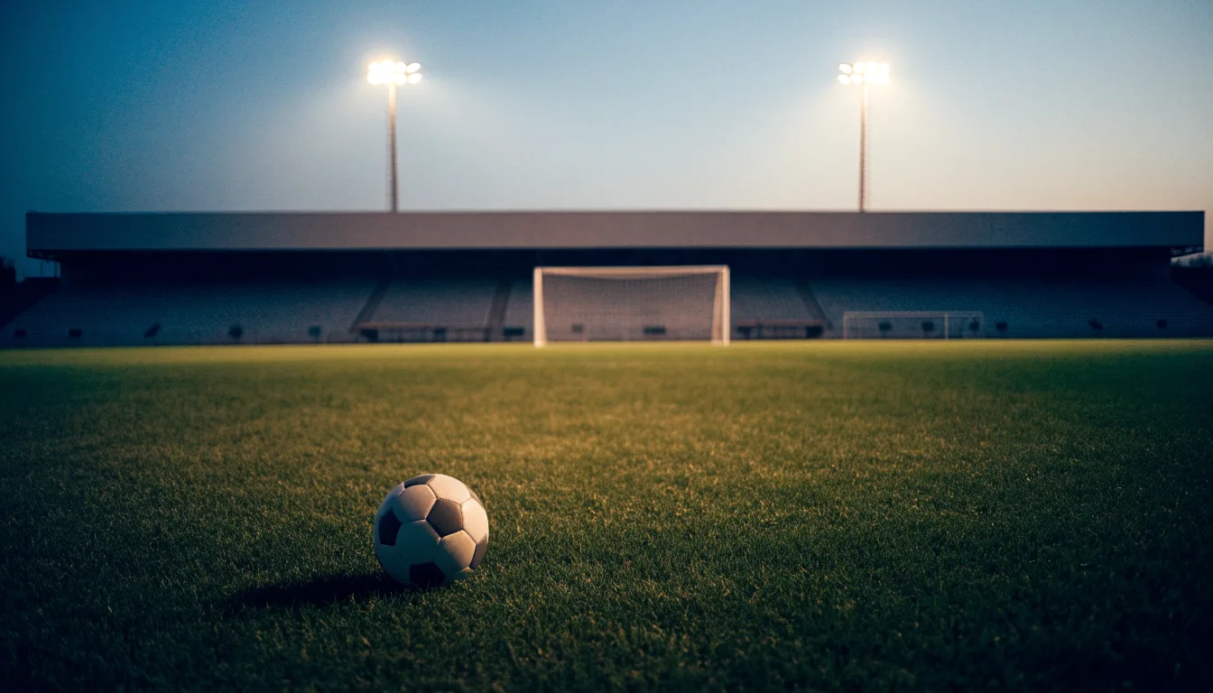 Ein Fußball liegt am Spielfeldrand neben einer leeren Ersatzbank, das Flutlicht über dem Platz leuchtet in der Dämmerung.