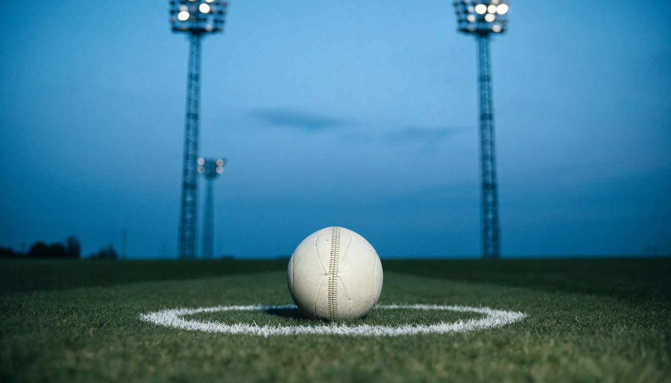 Ein Fußball liegt auf dem Anstoßpunkt eines Rasenplatzes in der Abenddämmerung, Flutlichtmasten stehen unscharf im Hintergrund.