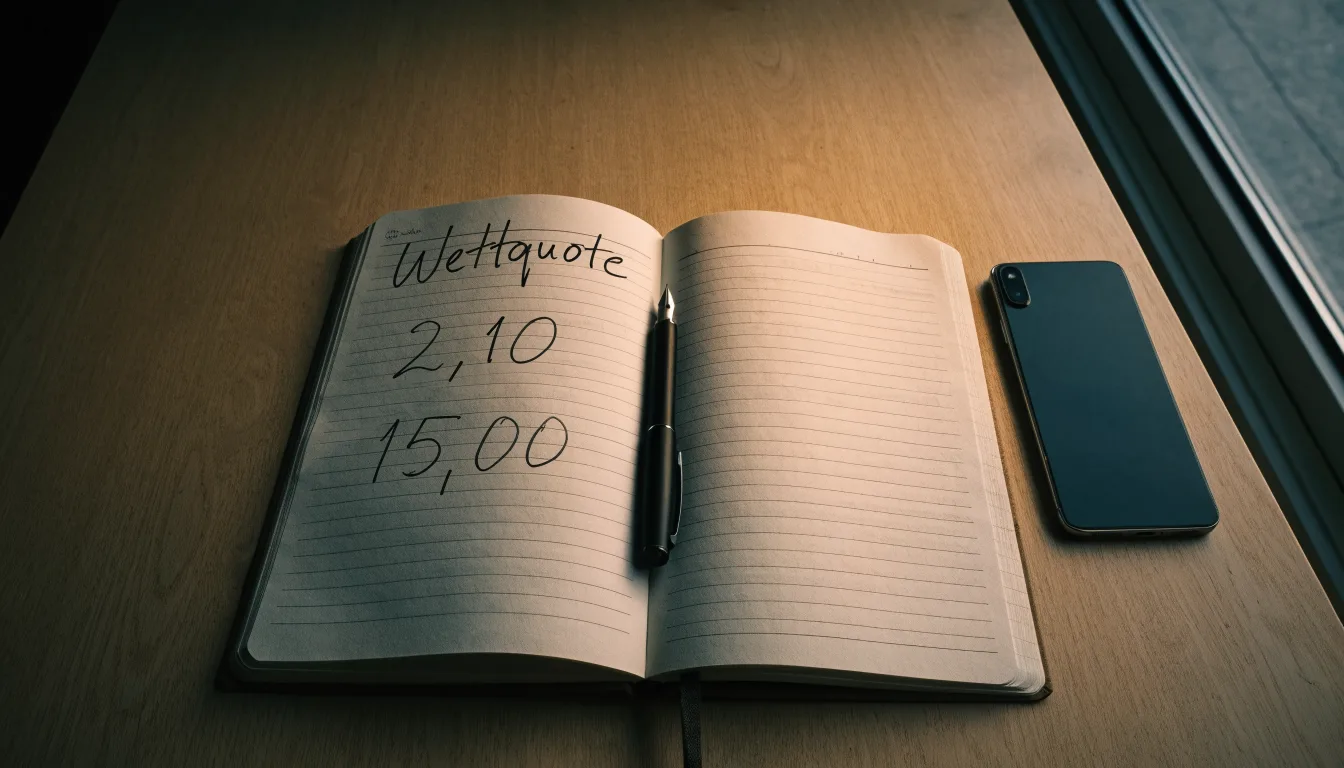 Ein Notizbuch mit handschriftlichen Zahlen liegt neben einem Smartphone mit dunklem Display auf einem Tisch, im Fenster Dämmerlicht.
